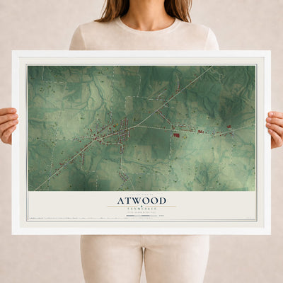 Map of Atwood, Tennessee, 18 x 24 inch print in a white wood frame