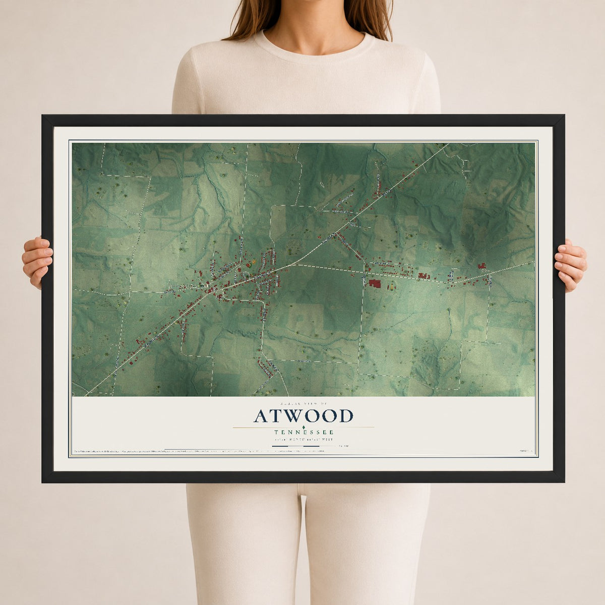 Map of Atwood, Tennessee, 24 x 36 inch print in a black wood frame