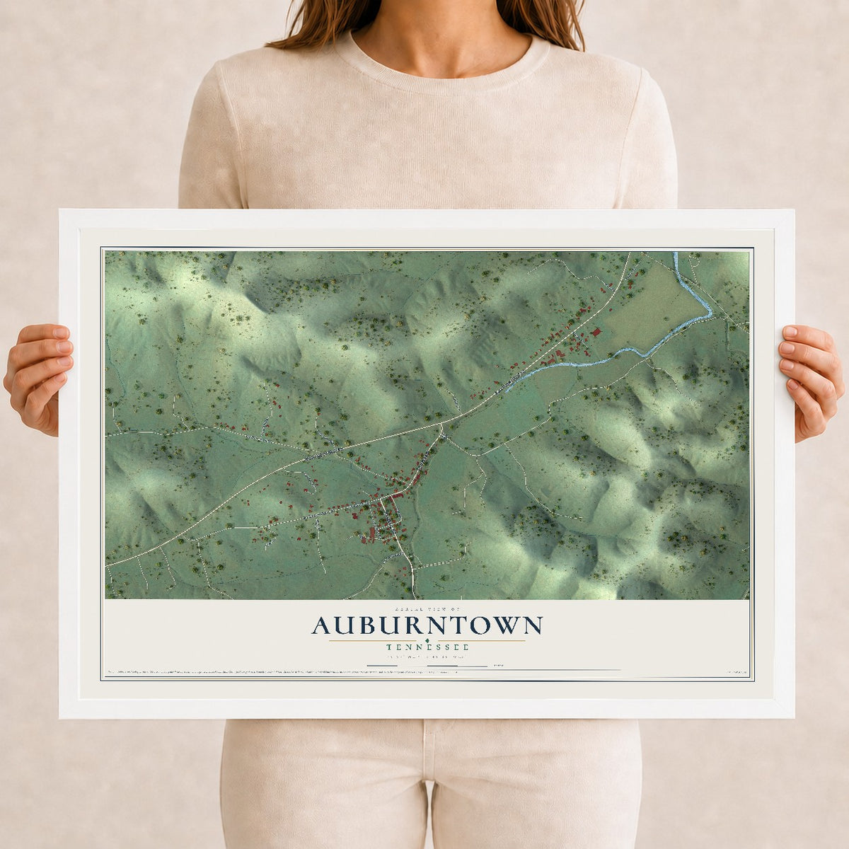 Map of Auburntown, Tennessee, 12 x 18 inch print in a white wood frame