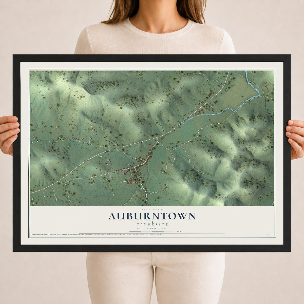 Map of Auburntown, Tennessee, 18 x 24 inch print in a black wood frame
