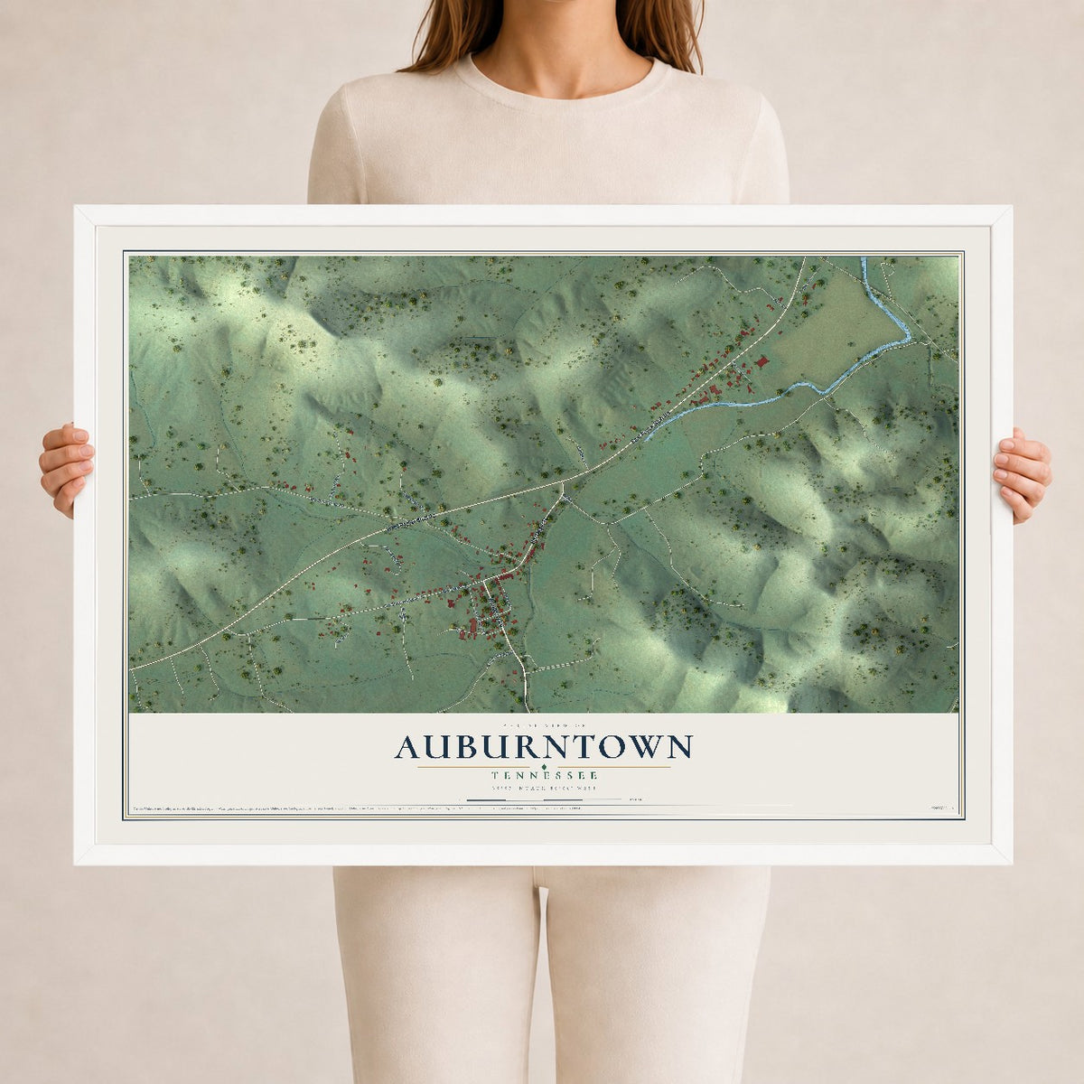Map of Auburntown, Tennessee, 24 x 36 inch print in a white wood frame