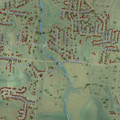 Close-up of the map of Barfield, Tennessee print showing street and building detail