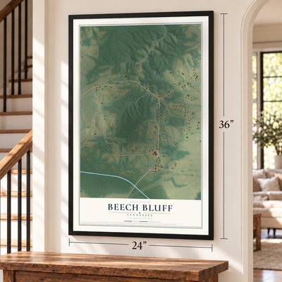 Beech Bluff, Tennessee map, 24 x 36 inch print in a black frame by a staircase