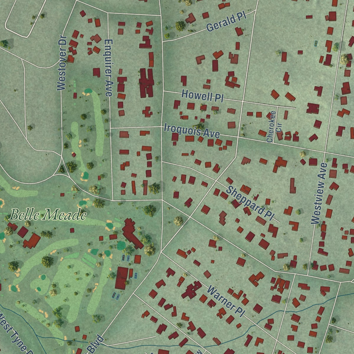 Close-up of the map of Belle Meade, Tennessee print showing street and building detail
