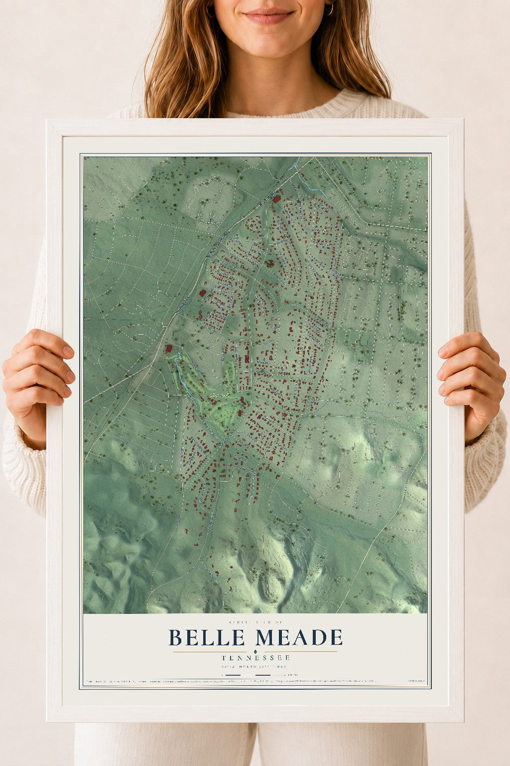 Map of Belle Meade, Tennessee, 18 x 24 inch print in a white wood frame
