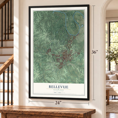 Bellevue, Tennessee map, 24 x 36 inch print in a black frame by a staircase
