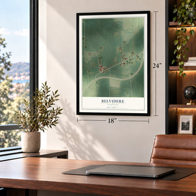 Belvidere, Tennessee map, 18 x 24 inch print in a black frame in a home office