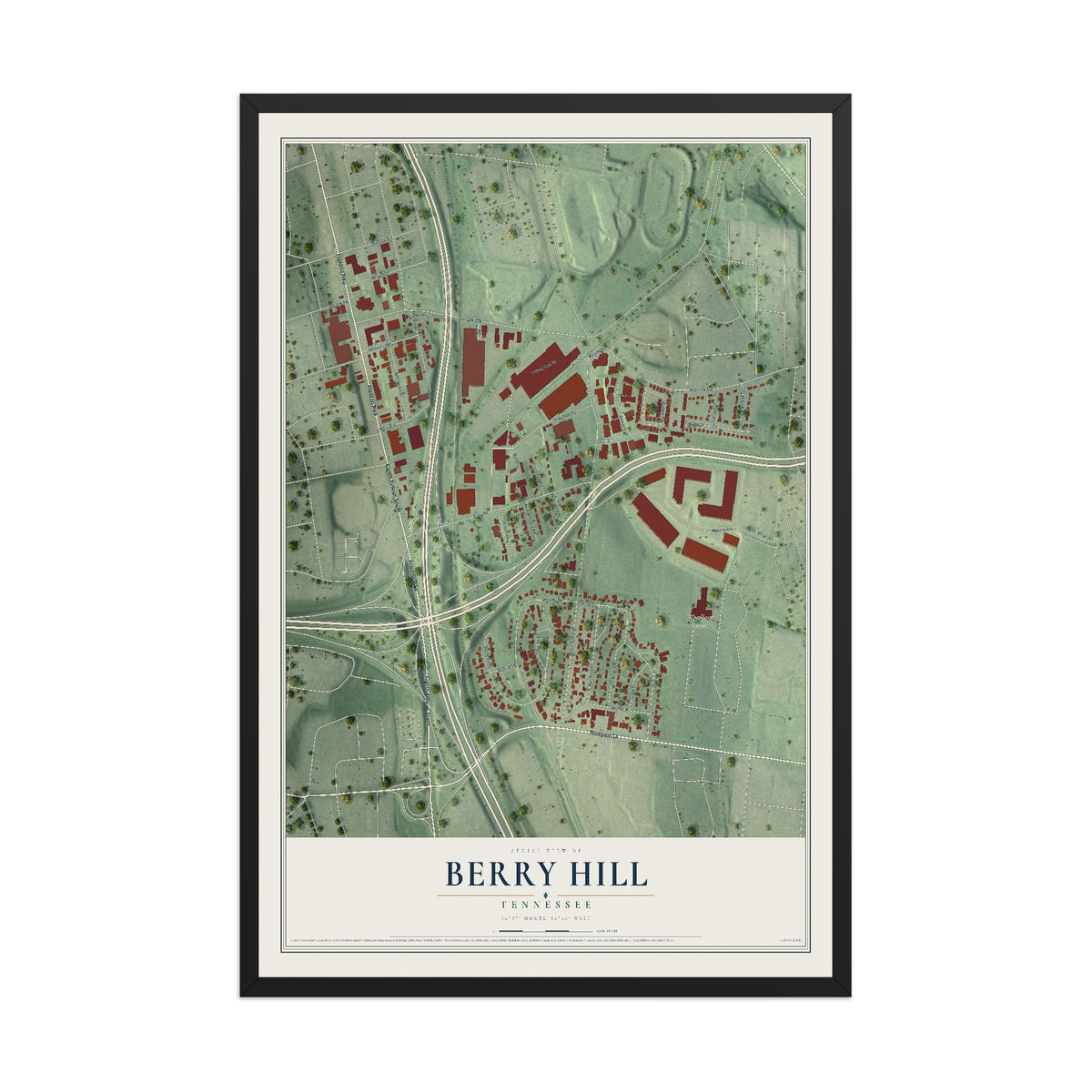 Map of Berry Hill, Tennessee, 12 x 18 inch print in a black wood frame