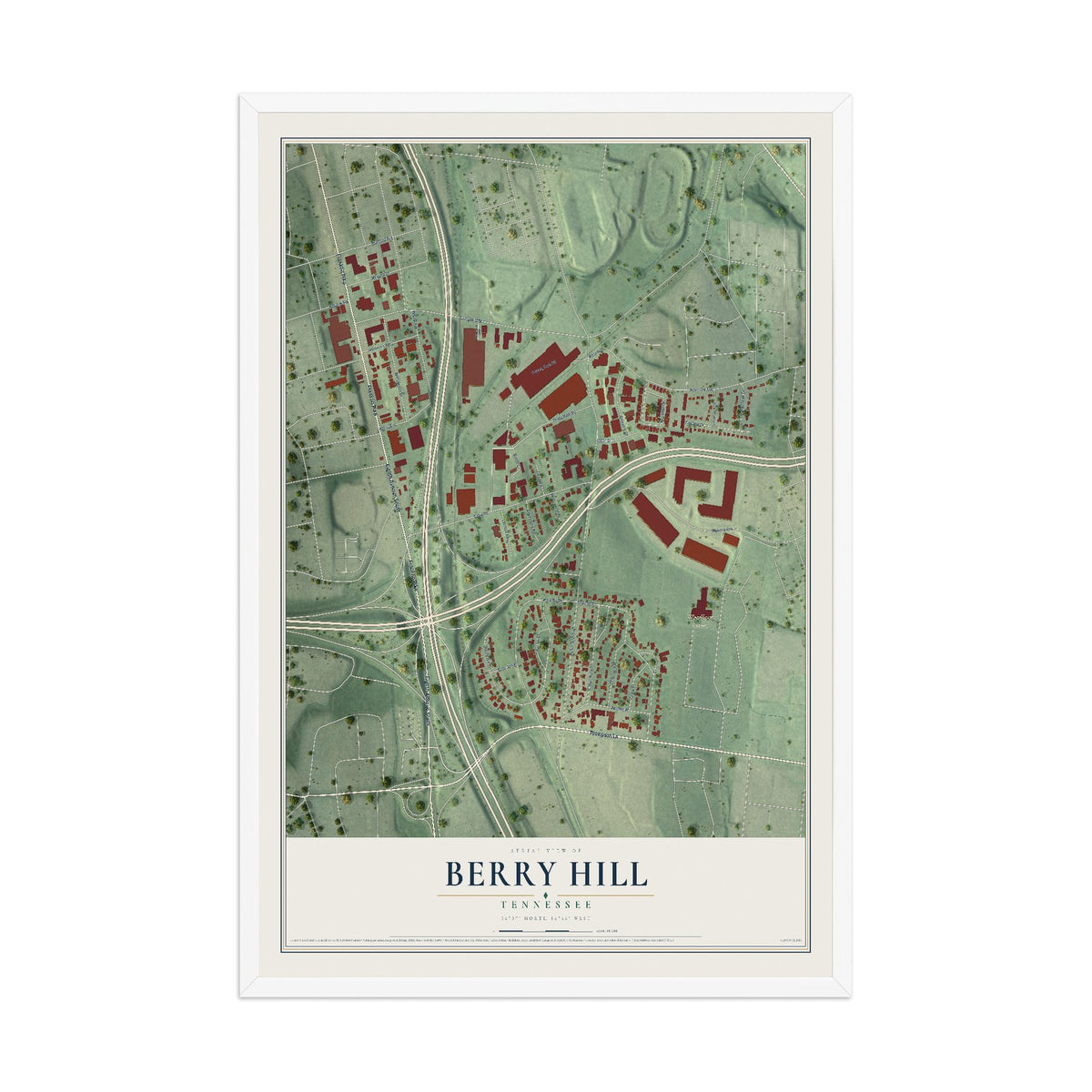 Map of Berry Hill, Tennessee, 12 x 18 inch print in a white wood frame