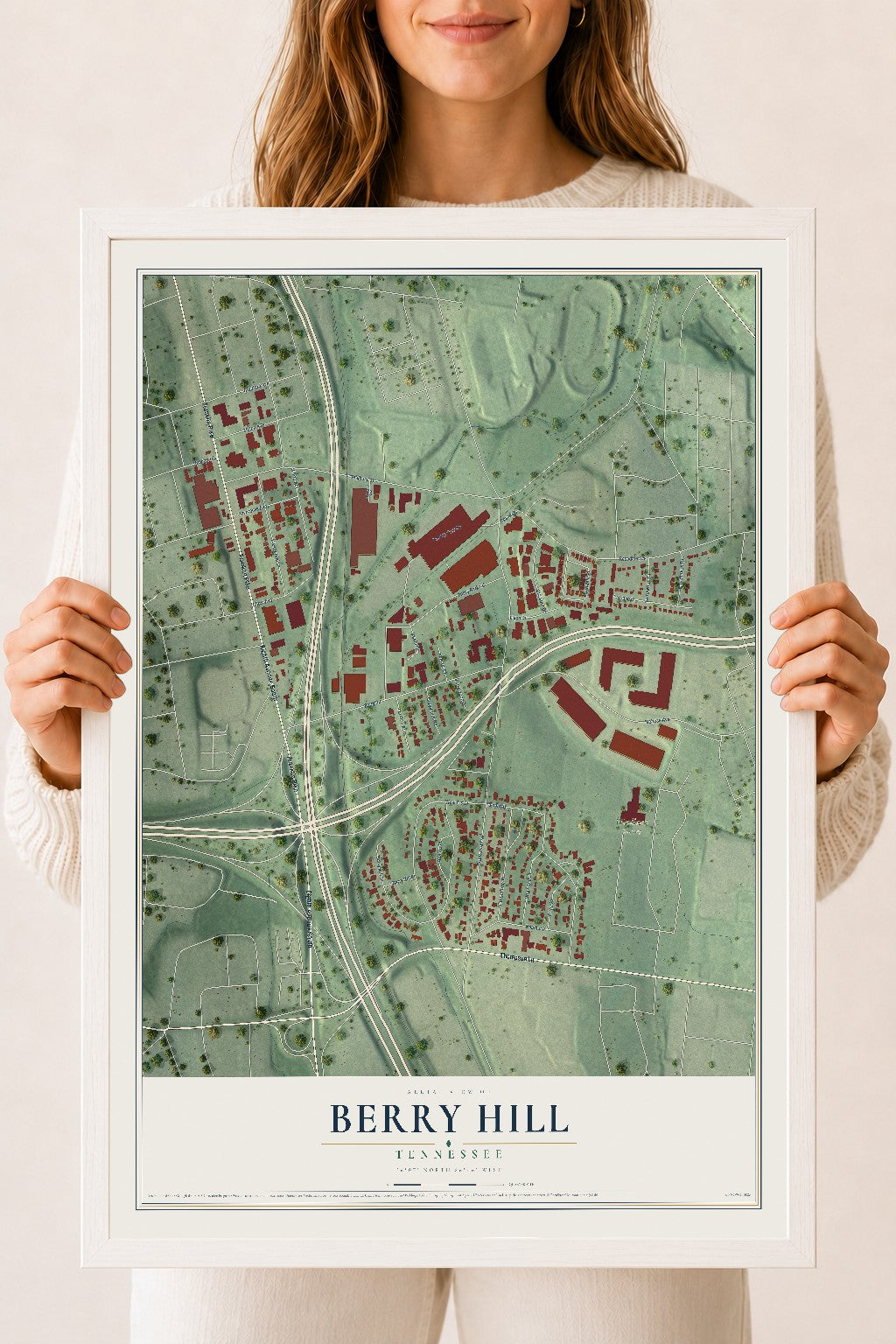 Map of Berry Hill, Tennessee, 18 x 24 inch print in a white wood frame