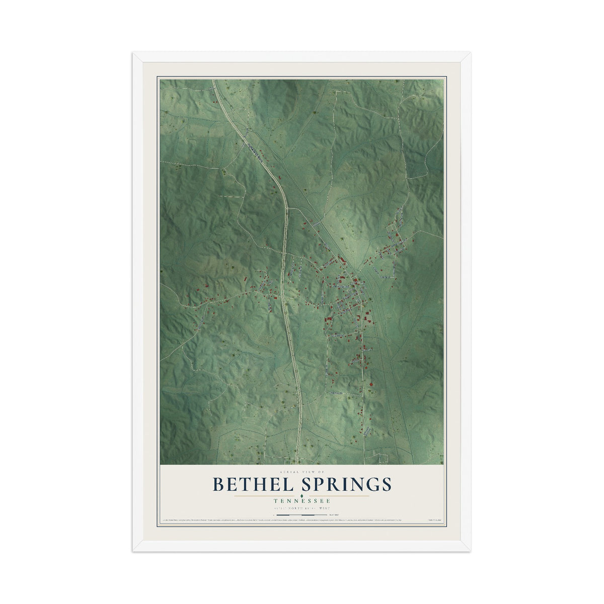 Map of Bethel Springs, Tennessee, 12 x 18 inch print in a white wood frame