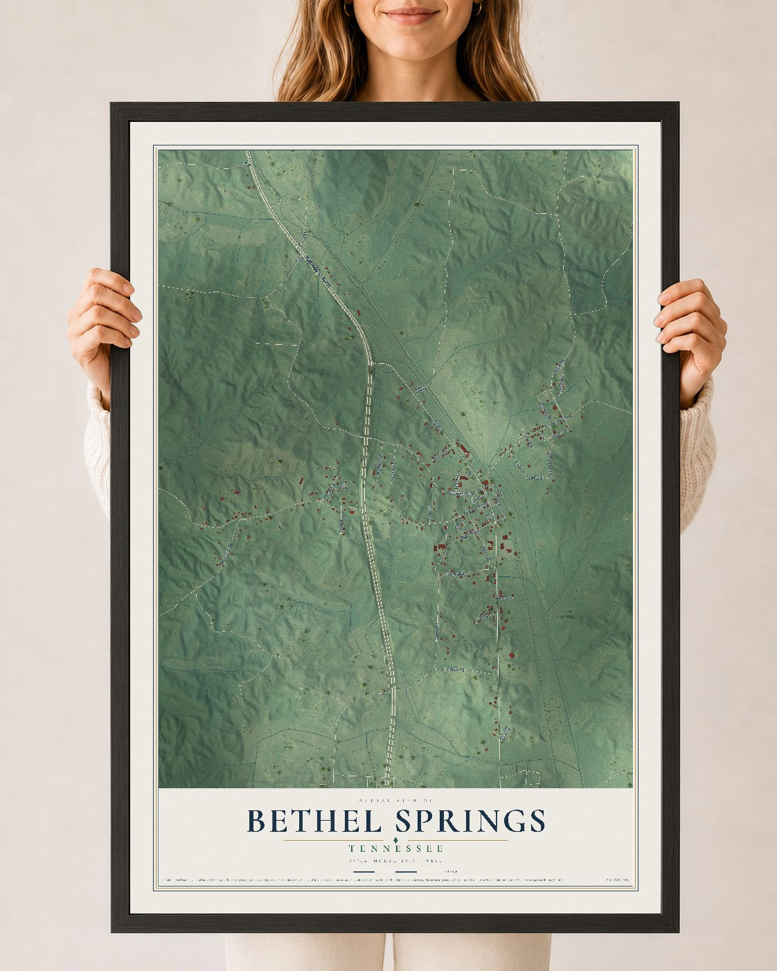 Map of Bethel Springs, Tennessee, 24 x 36 inch print in a black wood frame