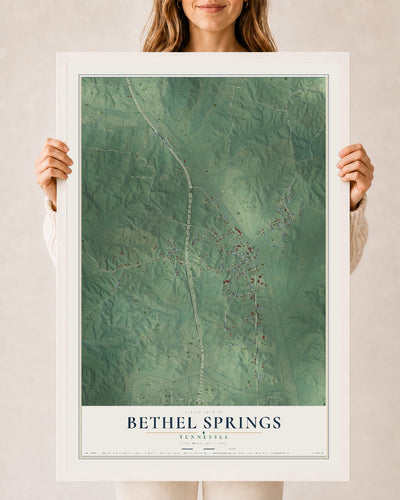 Map of Bethel Springs, Tennessee, 24 x 36 inch print in a white wood frame