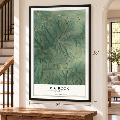 Big Rock, Tennessee map, 24 x 36 inch print in a black frame by a staircase