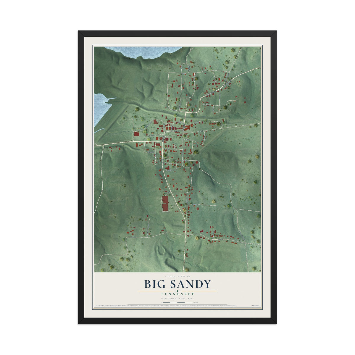 Map of Big Sandy, Tennessee, 12 x 18 inch print in a black wood frame