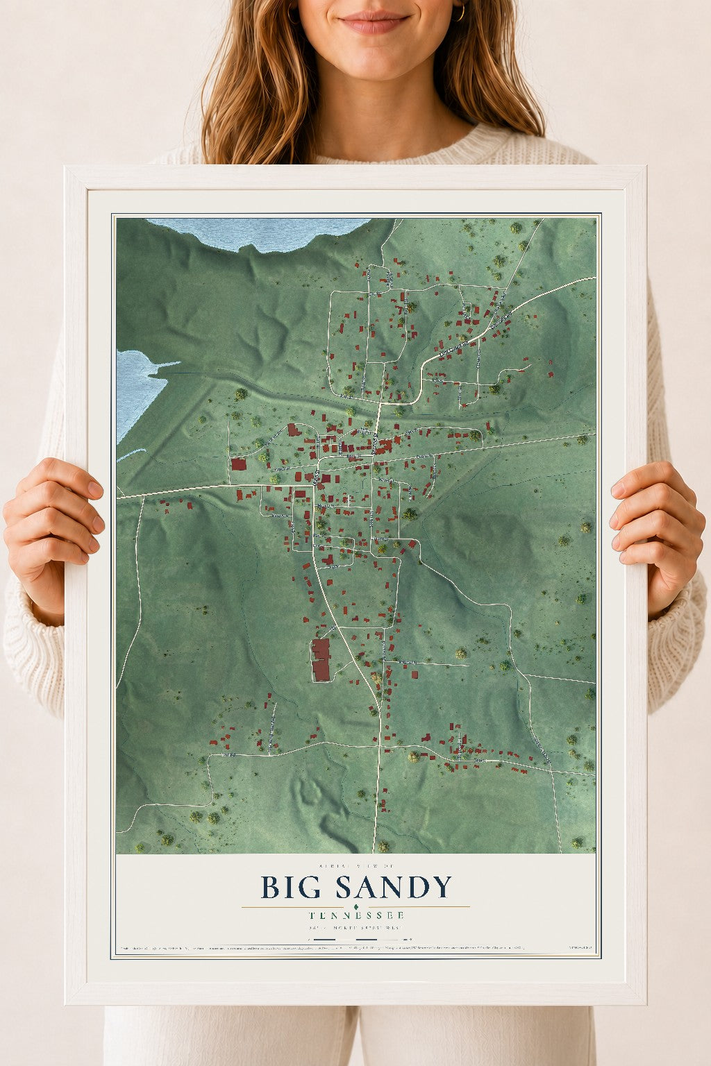 Map of Big Sandy, Tennessee, 18 x 24 inch print in a white wood frame