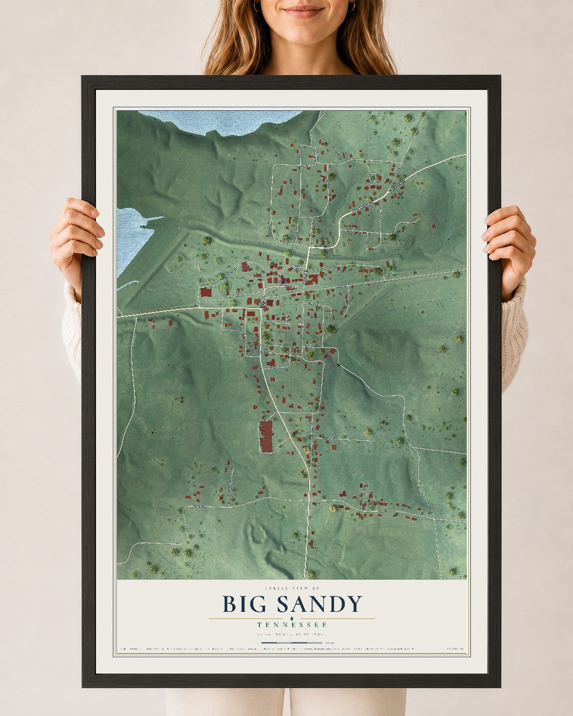 Map of Big Sandy, Tennessee, 24 x 36 inch print in a black wood frame