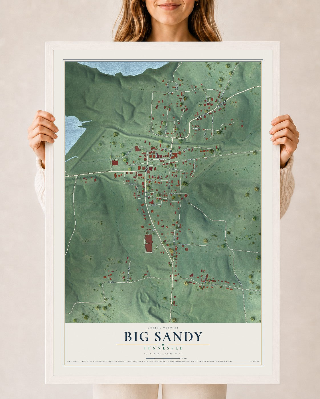 Map of Big Sandy, Tennessee, 24 x 36 inch print in a white wood frame