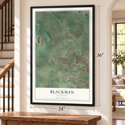 Blackman, Tennessee map, 24 x 36 inch print in a black frame by a staircase