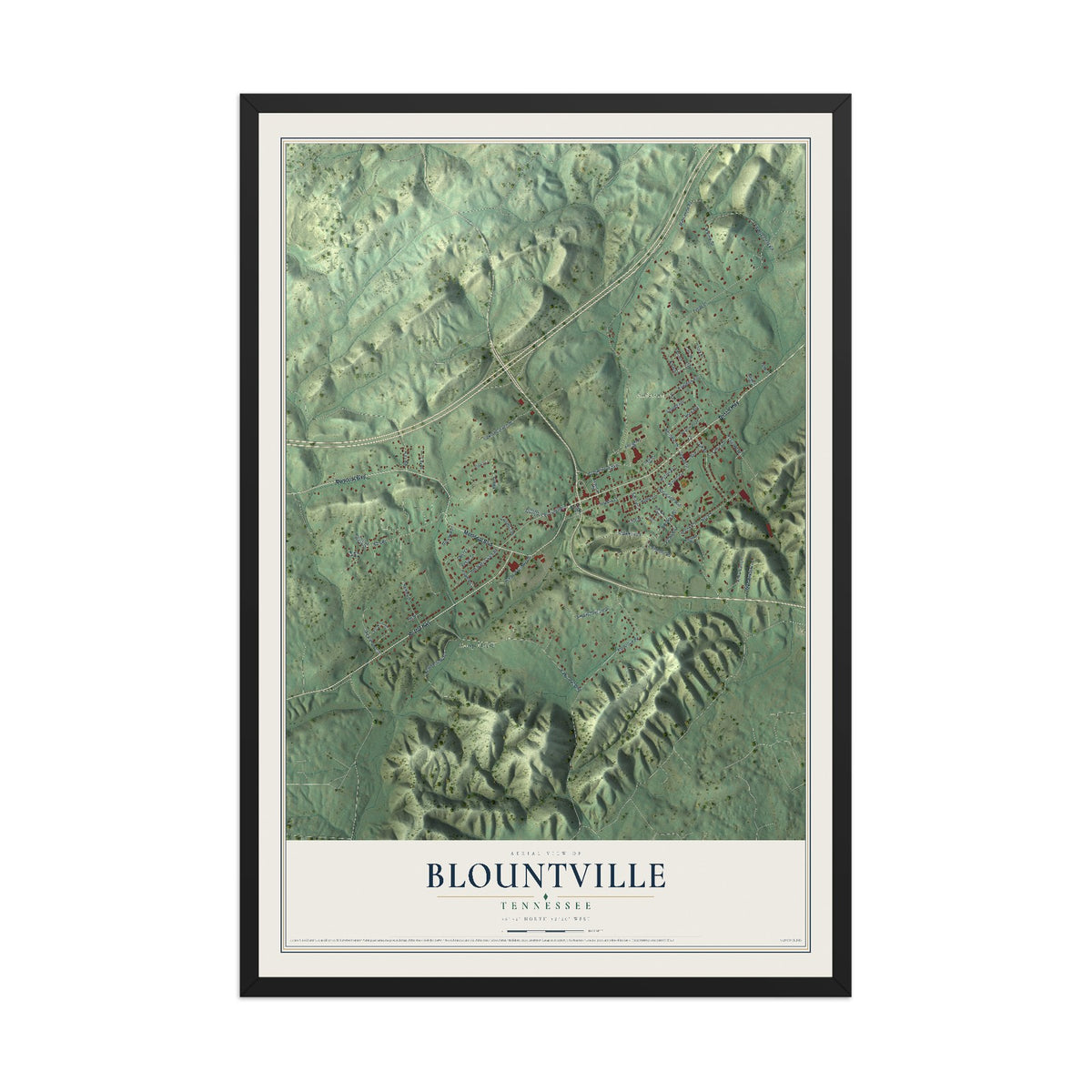 Map of Blountville, Tennessee, 12 x 18 inch print in a black wood frame