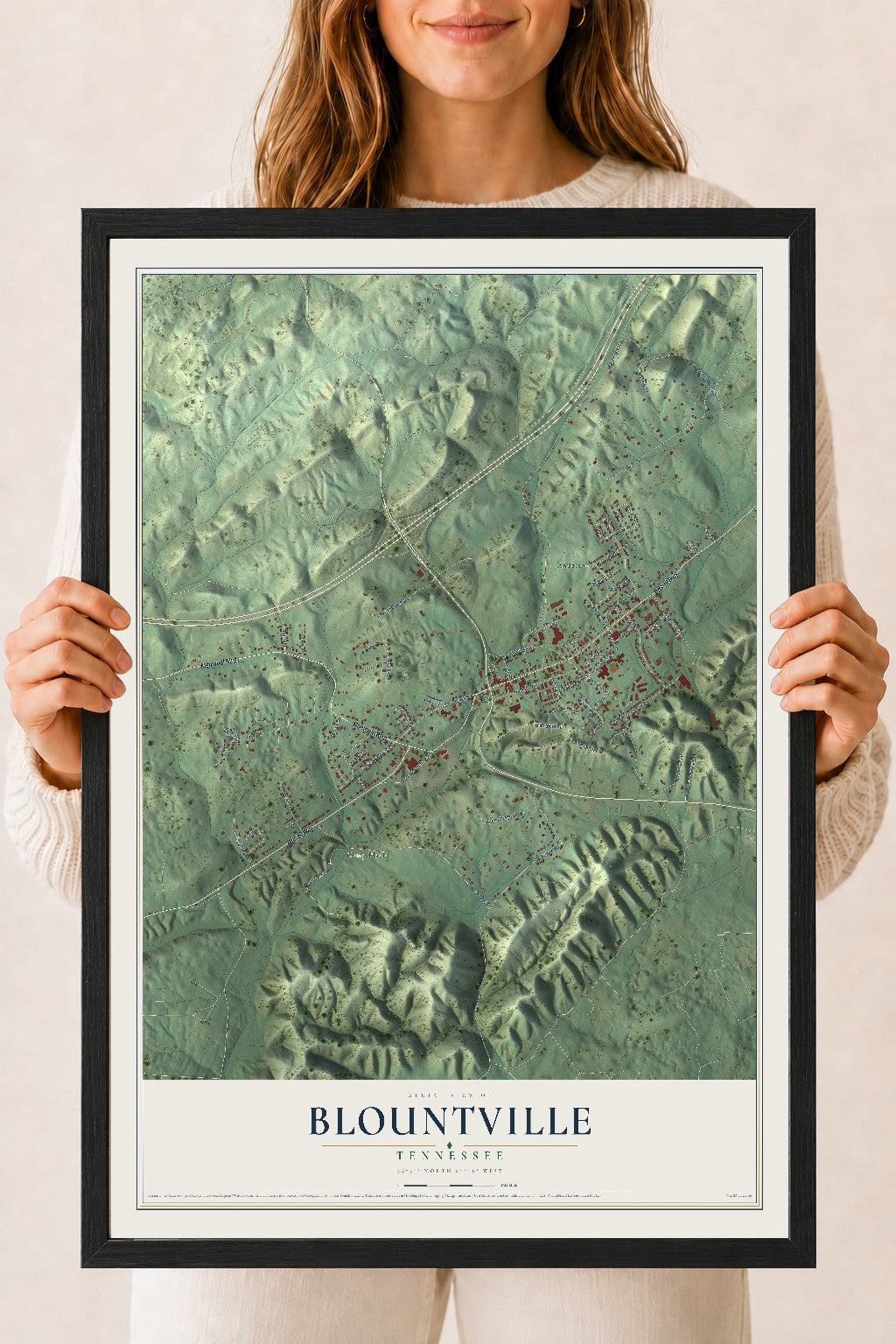 Map of Blountville, Tennessee, 18 x 24 inch print in a black wood frame