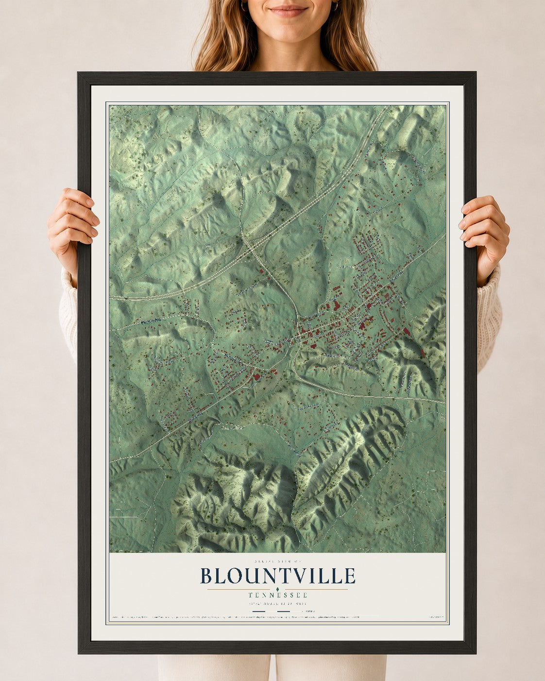 Map of Blountville, Tennessee, 24 x 36 inch print in a black wood frame