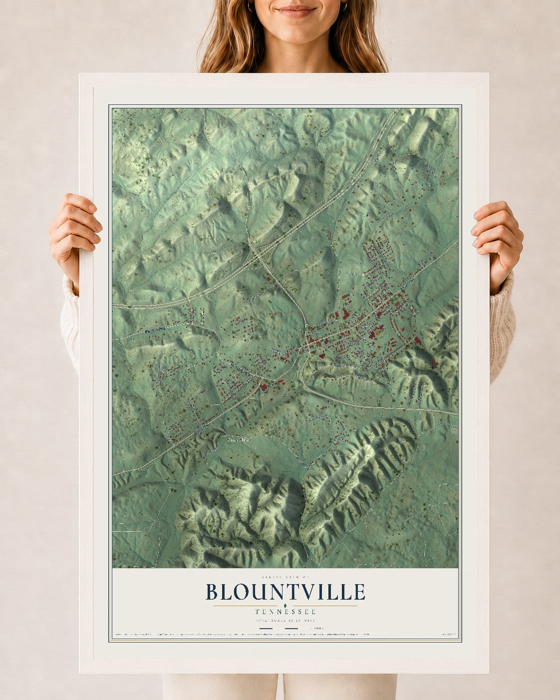 Map of Blountville, Tennessee, 24 x 36 inch print in a white wood frame
