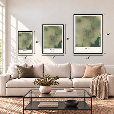 Bogota, Tennessee map in 12 x 18, 18 x 24 and 24 x 36 inch sizes above a sofa