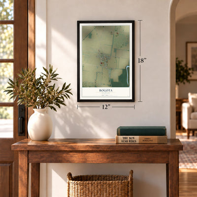 Bogota, Tennessee map, 12 x 18 inch print in a black frame in an entryway