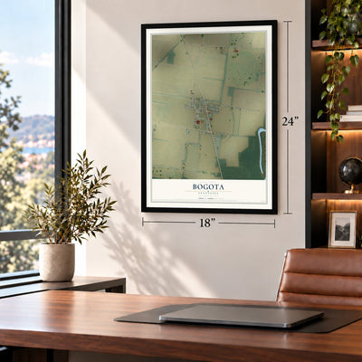 Bogota, Tennessee map, 18 x 24 inch print in a black frame in a home office