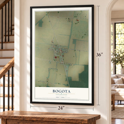 Bogota, Tennessee map, 24 x 36 inch print in a black frame by a staircase