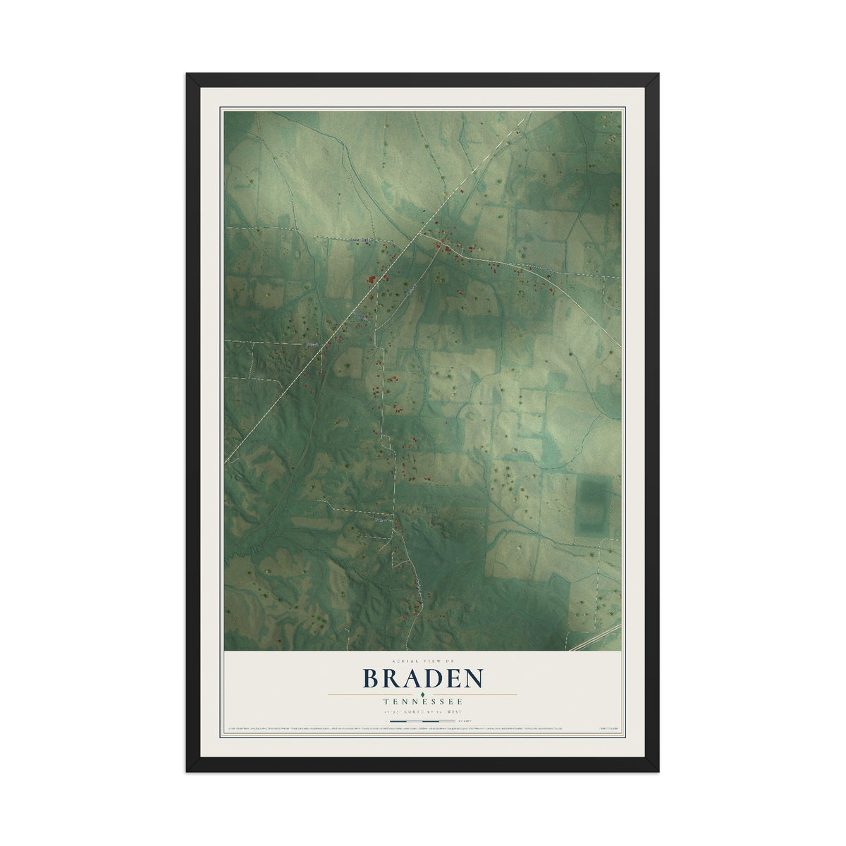 Map of Braden, Tennessee, 12 x 18 inch print in a black wood frame