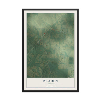 Map of Braden, Tennessee, 12 x 18 inch print in a black wood frame