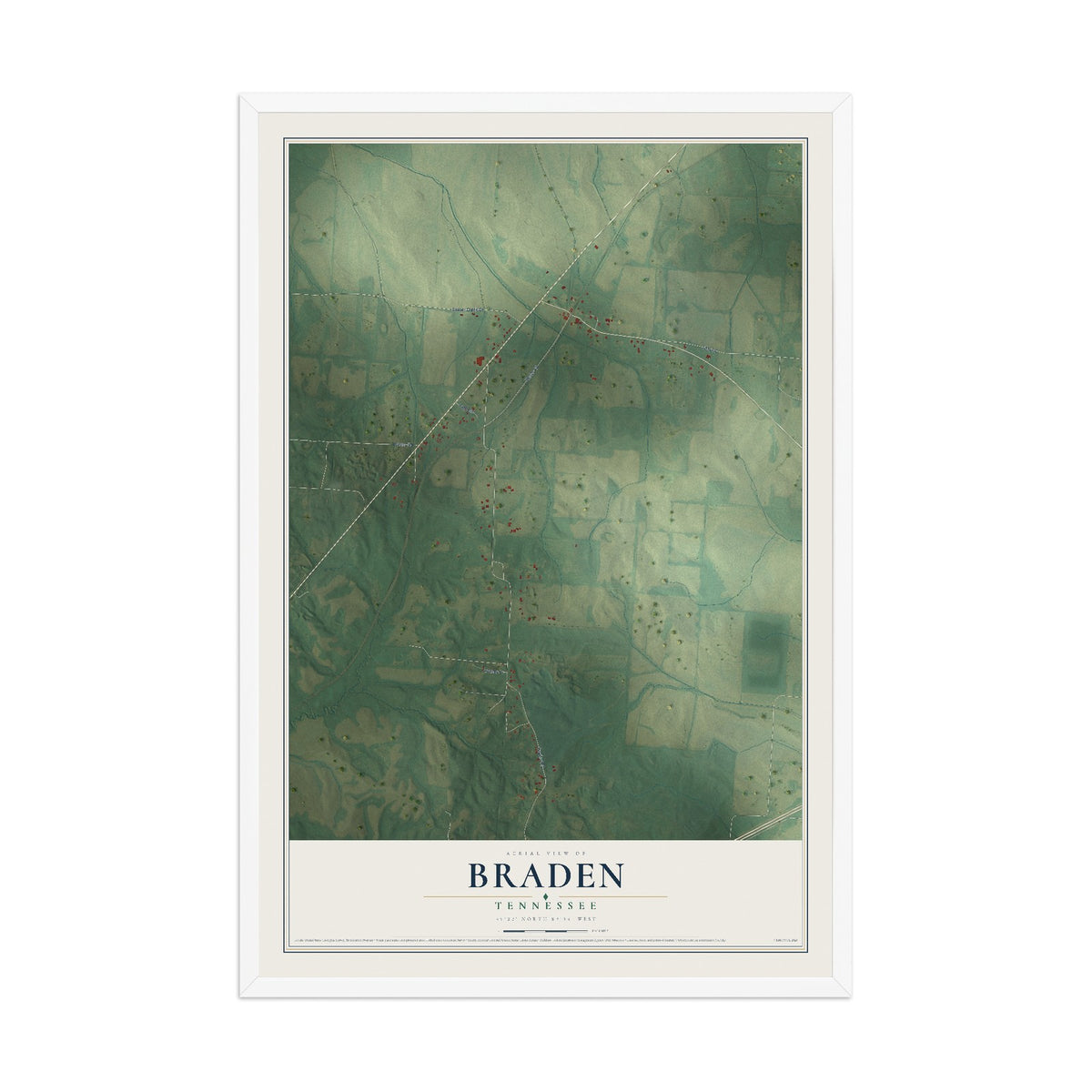 Map of Braden, Tennessee, 12 x 18 inch print in a white wood frame