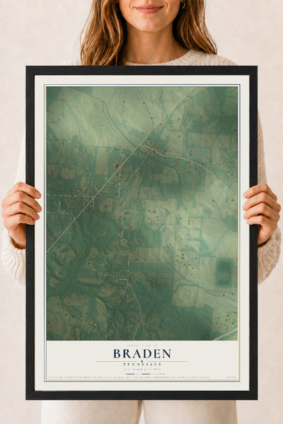 Map of Braden, Tennessee, 18 x 24 inch print in a black wood frame