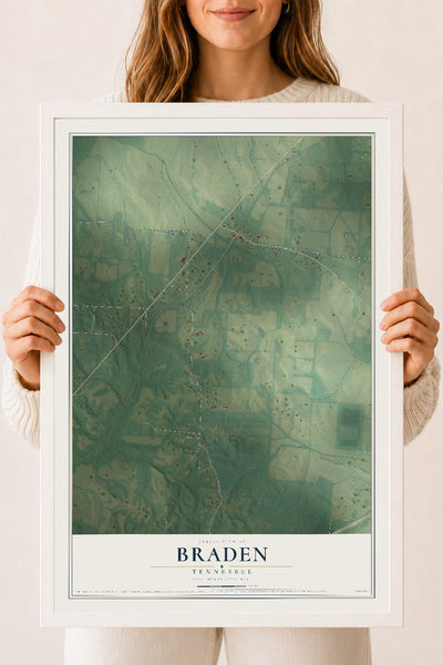Map of Braden, Tennessee, 18 x 24 inch print in a white wood frame