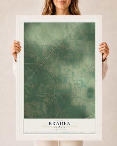 Map of Braden, Tennessee, 24 x 36 inch print in a white wood frame