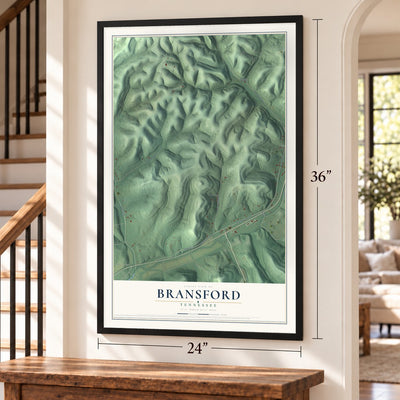 Bransford, Tennessee map, 24 x 36 inch print in a black frame by a staircase