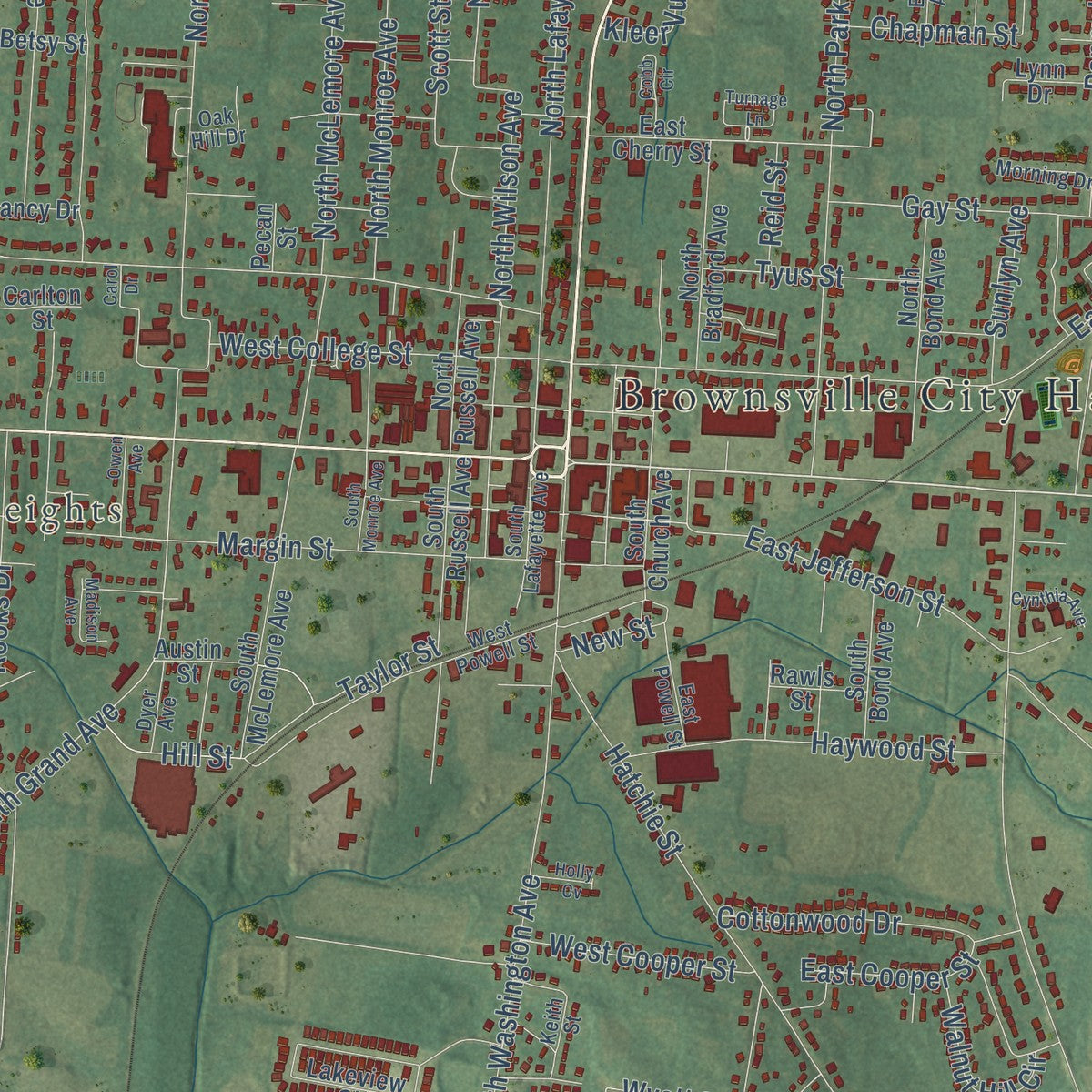 Close-up of the map of Brownsville, Tennessee print showing street and building detail
