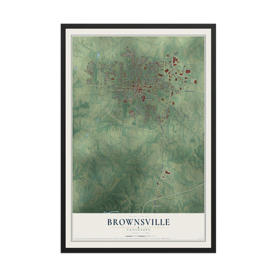 Map of Brownsville, Tennessee, 12 x 18 inch print in a black wood frame