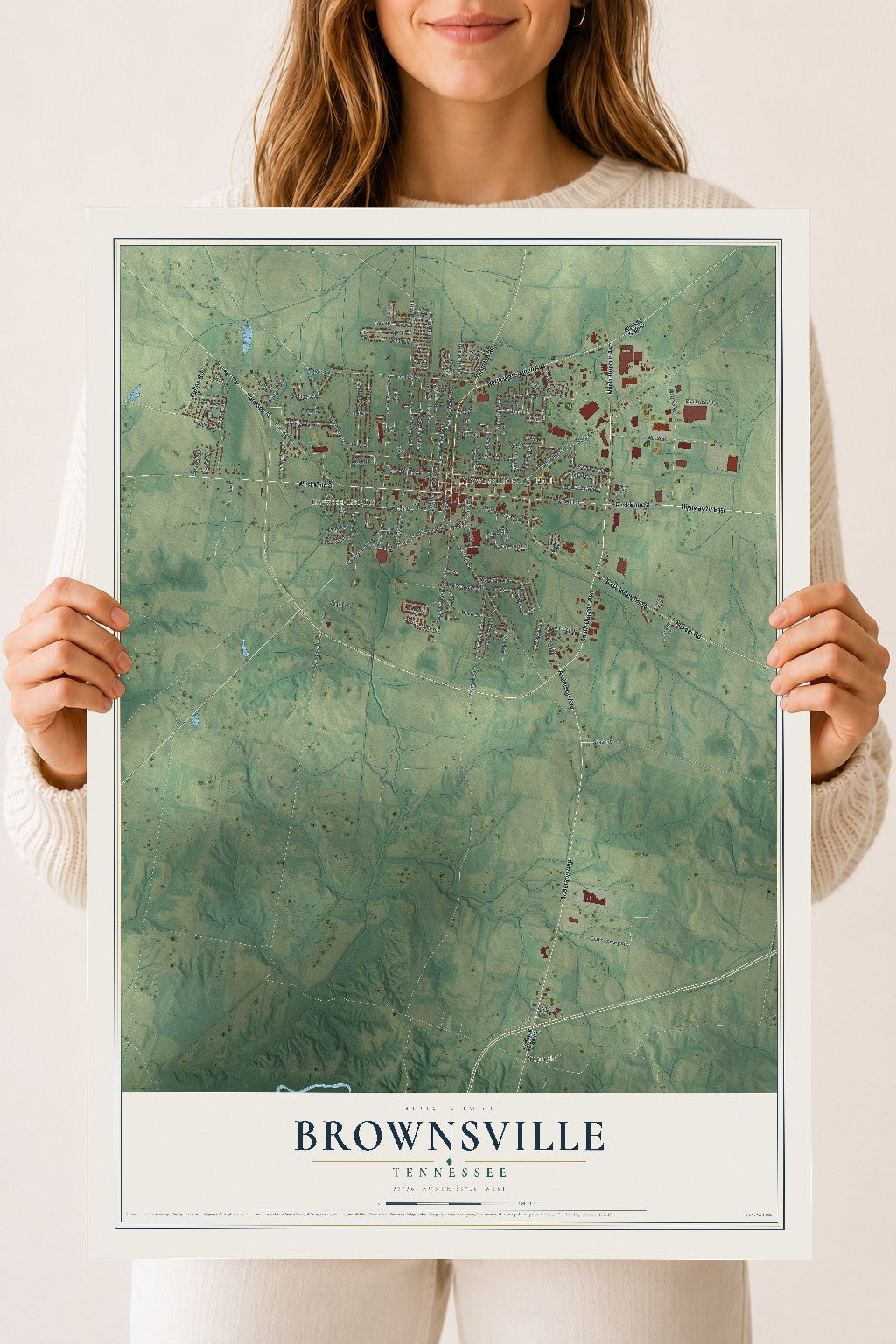 Map of Brownsville, Tennessee, 18 x 24 inch unframed archival matte print