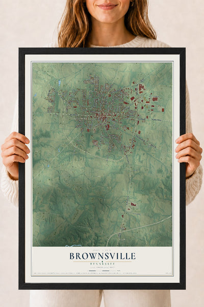 Map of Brownsville, Tennessee, 18 x 24 inch print in a black wood frame