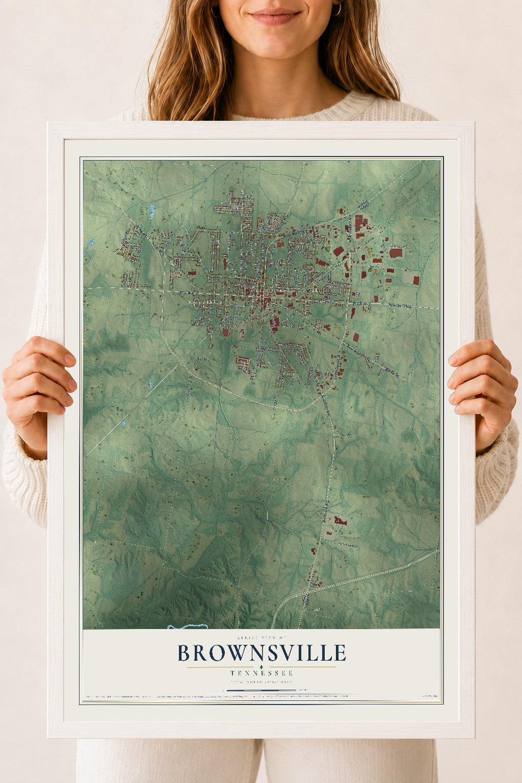 Map of Brownsville, Tennessee, 18 x 24 inch print in a white wood frame