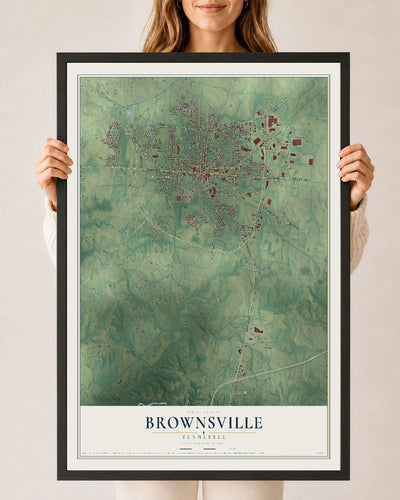 Map of Brownsville, Tennessee, 24 x 36 inch print in a black wood frame