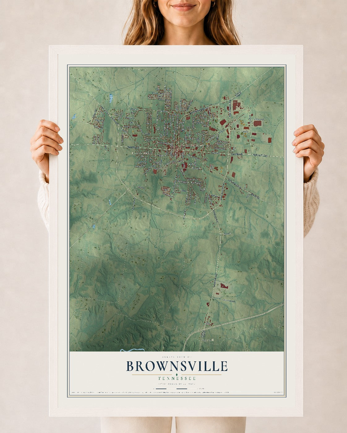 Map of Brownsville, Tennessee, 24 x 36 inch print in a white wood frame