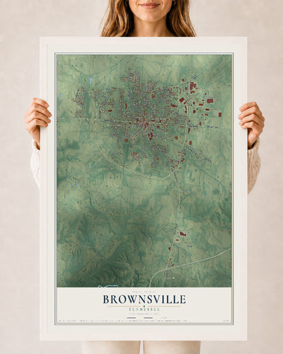 Map of Brownsville, Tennessee, 24 x 36 inch print in a white wood frame