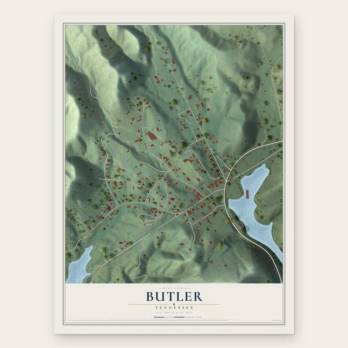 Butler, Tennessee map print, the full design