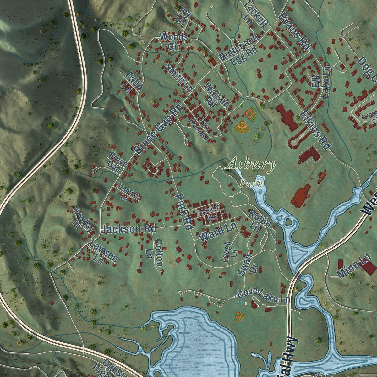 Close-up of the map of Caryville, Tennessee print showing street and building detail