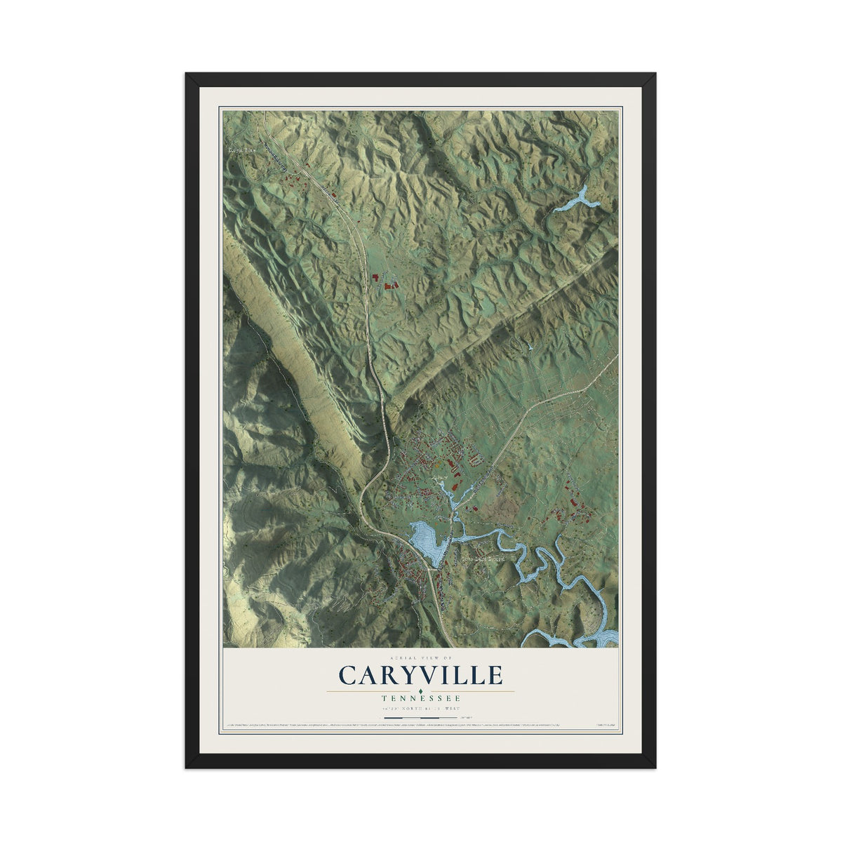 Map of Caryville, Tennessee, 12 x 18 inch print in a black wood frame