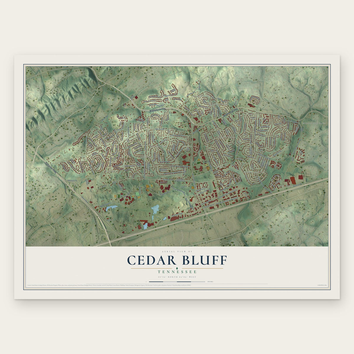 Cedar Bluff, Tennessee map print, the full design